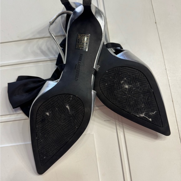 Karl Lagerfeld Women’s Sz 9 SkyLynn Silver Black Kitten Heals Bow Embellished - Picture 8 of 9